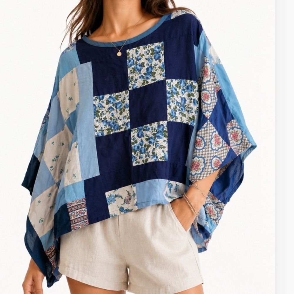 Handmade Blue Patchwork Floral Block Top Poncho Boxy Short Sleeve Women OS